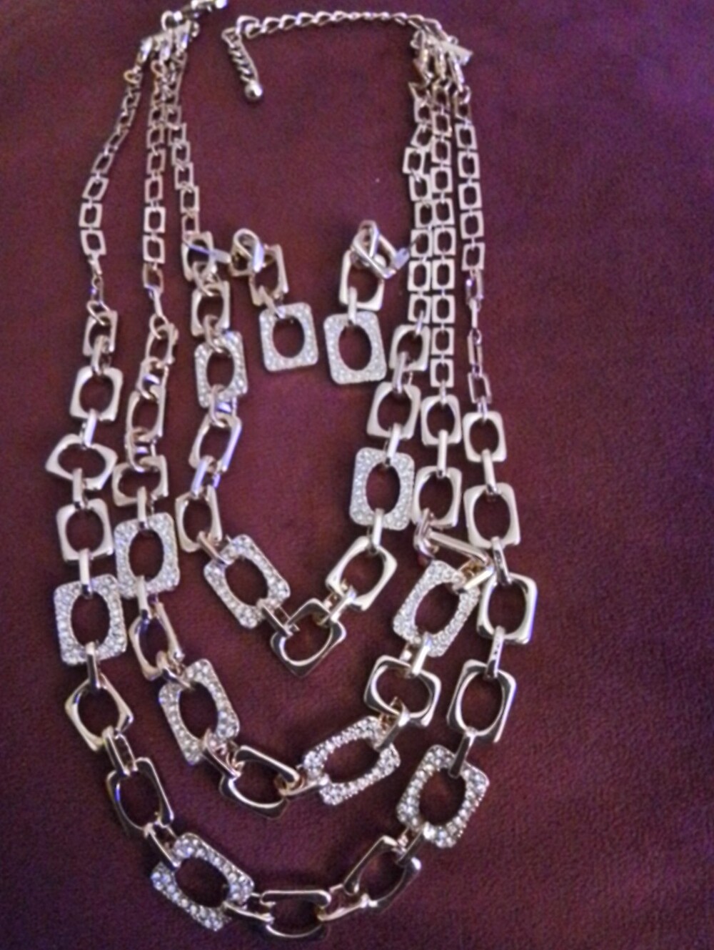 Multi-Strand Gold Link Necklace with Crystal Accents - Women Jewelry